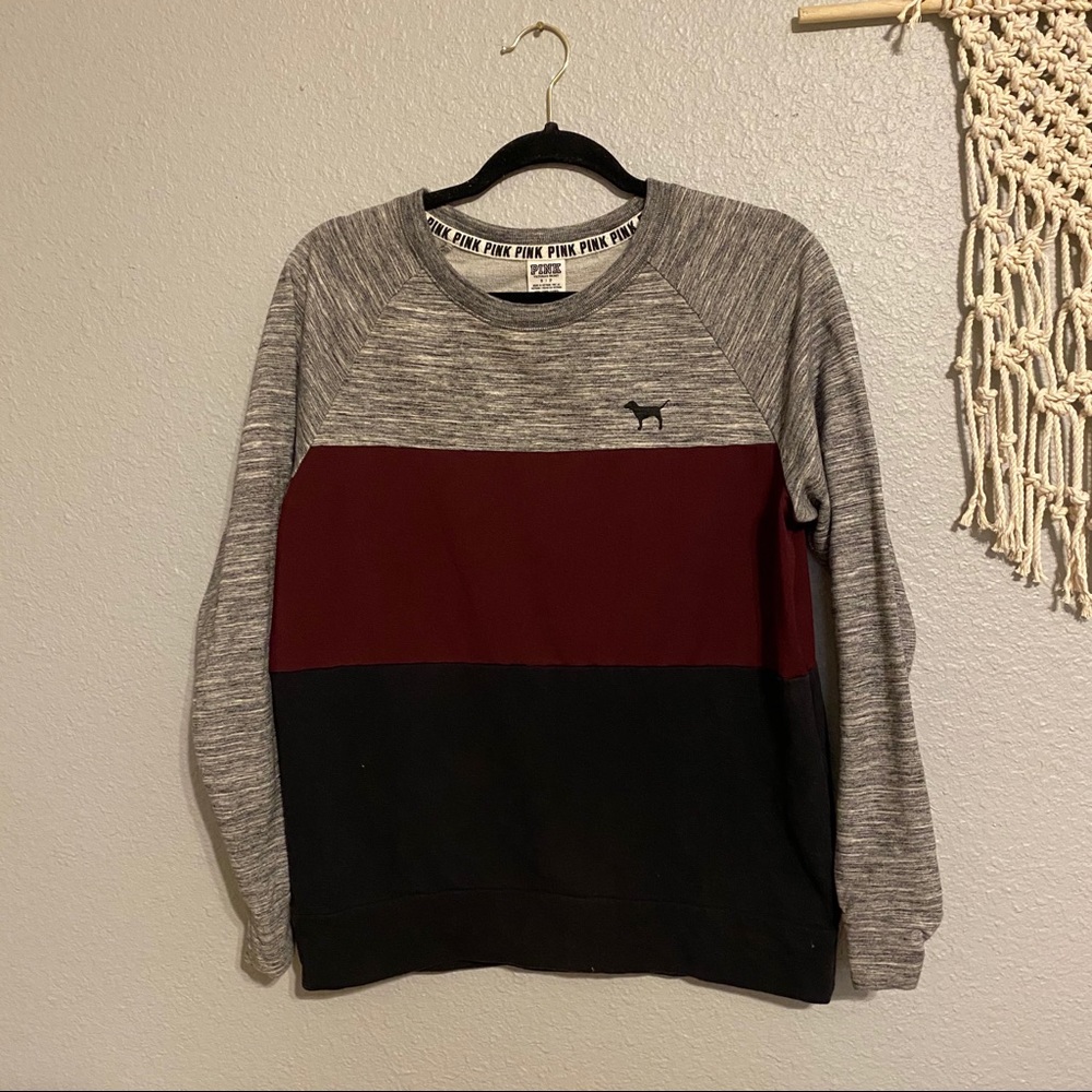 Gray maroon black color block VS pink sweatshirt